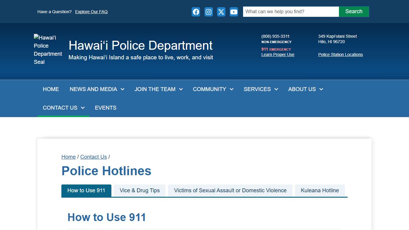 Hawaiʻi Police Department Police Hotlines