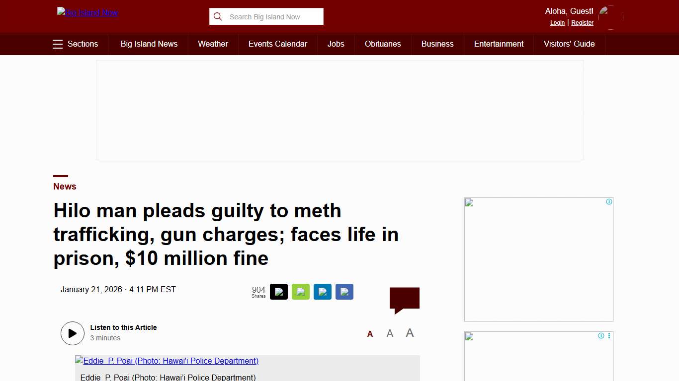 Hilo man pleads guilty to meth trafficking, gun charges; faces life in prison, $10 million fine : Big Island Now